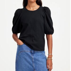 NWT Madewell Puff Sleeve Ruffle Trim Cotton Jersey Tee In Black Size Small